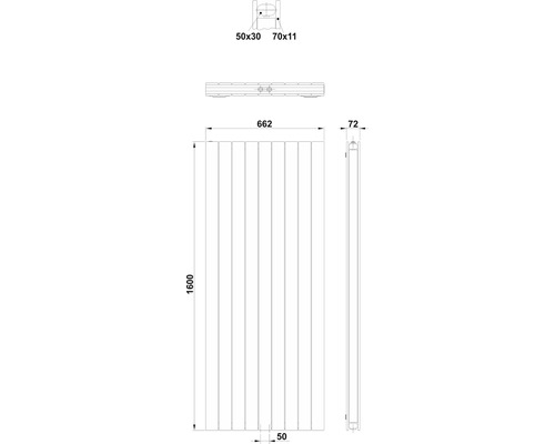 Technický nákres radiátoru s rozměry