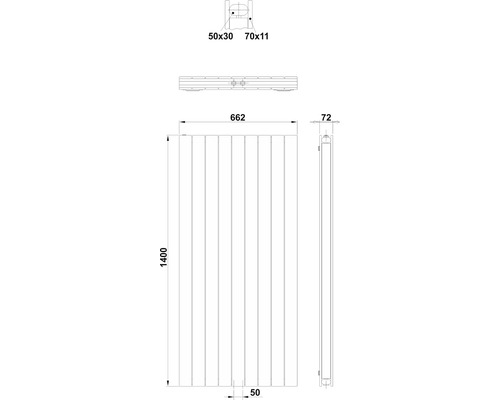 Technický nákres radiátoru s rozměry.
