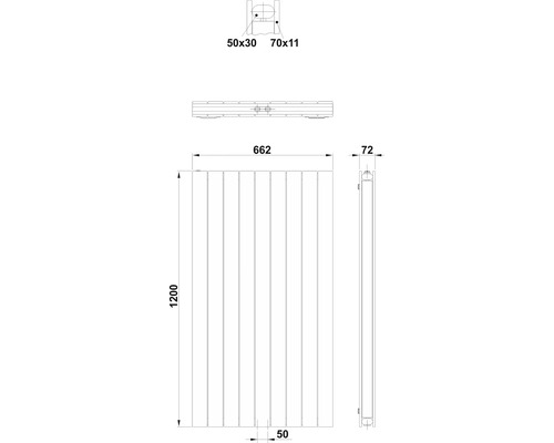 Technický výkres radiátoru s rozměry.