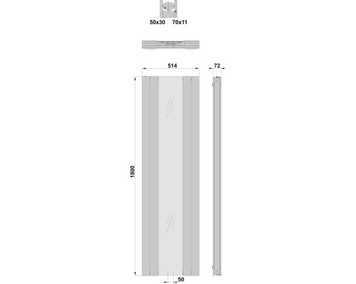 Technický nákres zrcadla s rozměry.