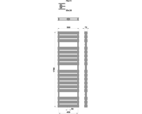 Technický nákres radiátoru s rozměry.