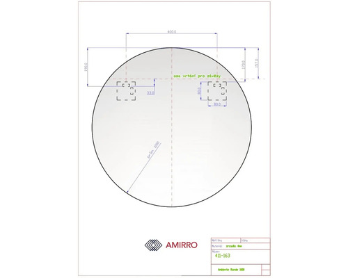 Technický výkres kulatého zrcadla s rozměry
