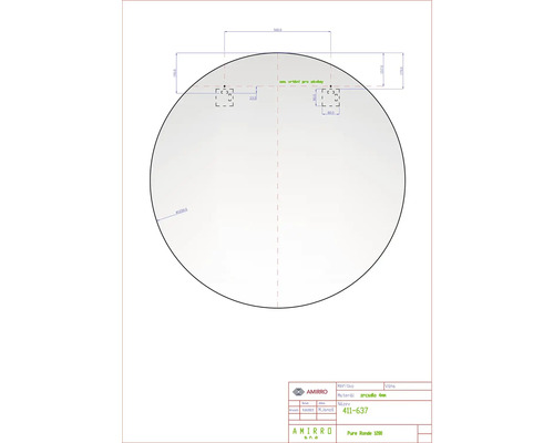 Technický nákres kulatého zrcadla s rozměry pro montáž