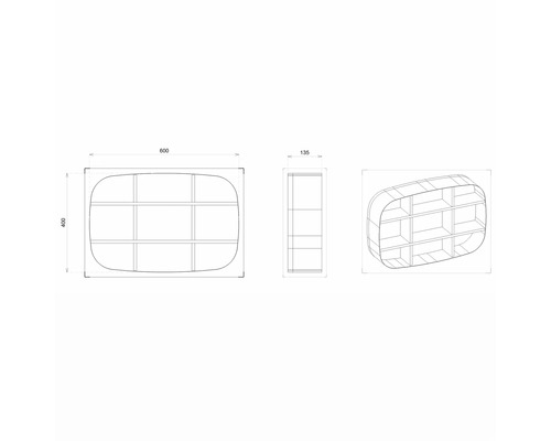 Technický nákres police s devíti přihrádkami a zaoblenými hranami s rozměry