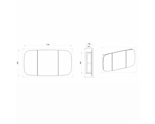 Technický nákres zrcadlové skříňky s rozměry