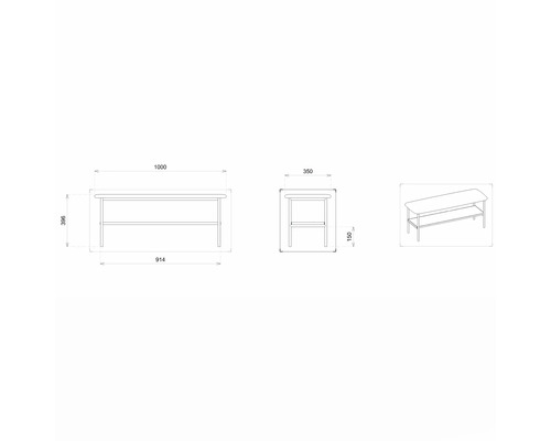 Nákres stolu o rozměrech 1000 x 350 x 396 mm