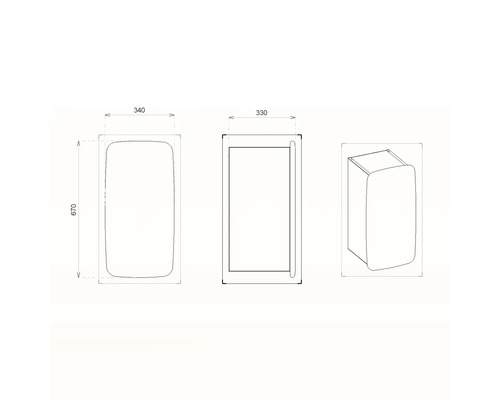 Technický výkres závěsné koupelnové skříňky o rozměrech 340 x 670 x 330 milimetrů.