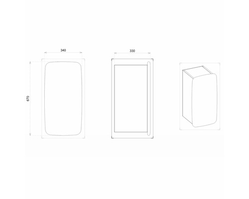 Technický nákres koupelnové skříňky o rozměrech 340 x 670 x 330 milimetrů.