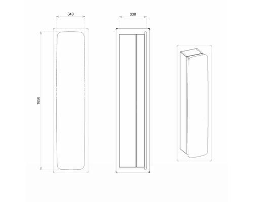 Technický nákres koupelnové skříňky o rozměrech 1650 x 340 x 330 mm.