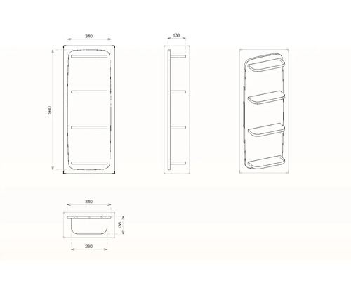 Technický nákres koupelnové police se třemi policemi a rozměry.