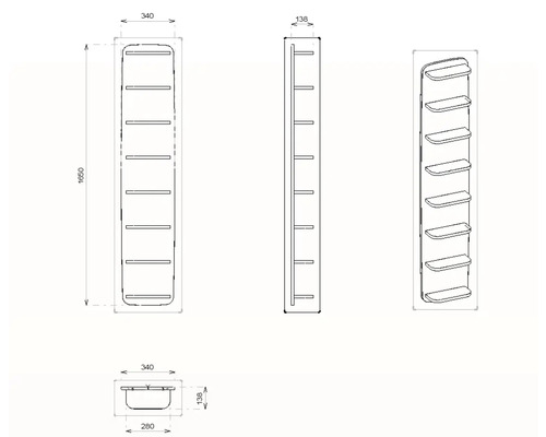 Technický nákres regálu s rozměry 1650 x 340 x 138 milimetrů.