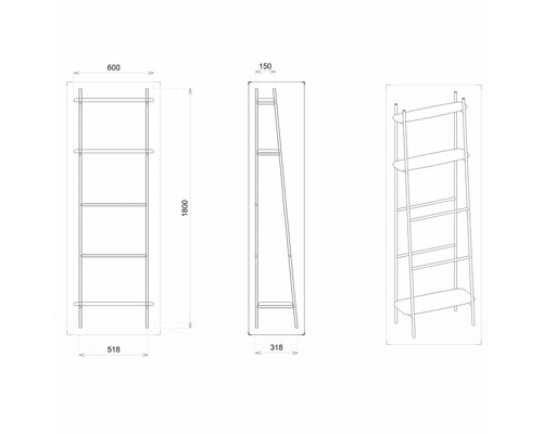 Technický nákres regálu s rozměry.