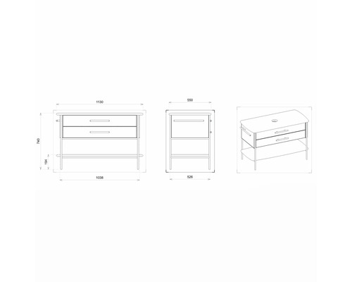 Technický výkres umyvadlové skříňky se zásuvkami a odkládací plochou s rozměry
