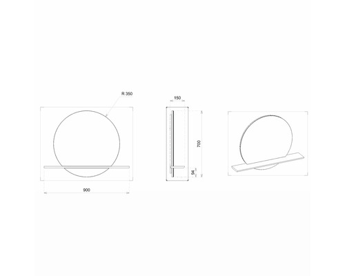 Technický nákres kulatého zrcadla s policí a rozměry