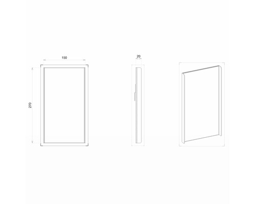 Technický nákres zrcadla o rozměrech 150 x 270 x 20 milimetrů.