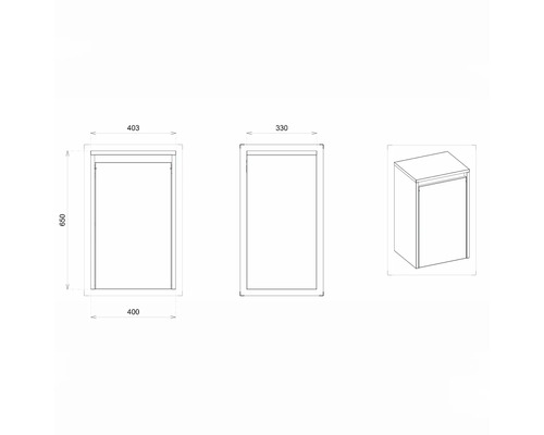 Technický nákres koupelnové skříňky s rozměry.