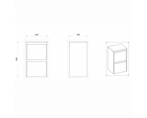 Technický výkres koupelňové skříňky pod umyvadlo se zásuvkami a rozměry 403, 330 a 650 mm.