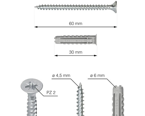 Ilustrace šroubu o délce 60 mm, hmoždinky o délce 30 mm, hlavy šroubu s pohonem PZ2 a detailů šroubu a hmoždinky.