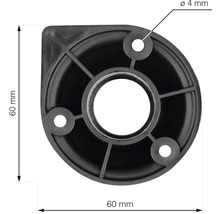 Černá noha zařízení o rozměrech 60 x 60 mm a vrtané otvory o průměru 4 mm.