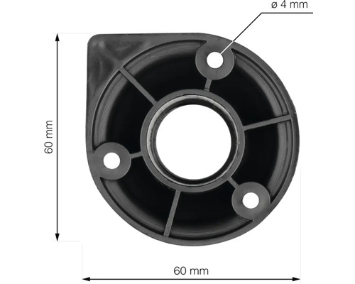Černá noha zařízení o rozměrech 60 x 60 mm a vrtané otvory o průměru 4 mm.