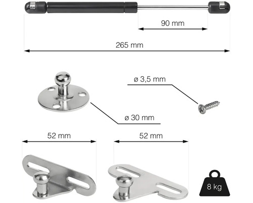 Plynová vzpěra s upevňovacím materiálem a rozměry