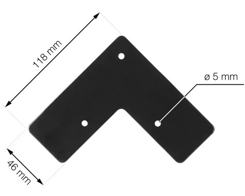Rohový spojovník o rozměrech 118 mm x 46 mm s otvory o průměru 5 mm