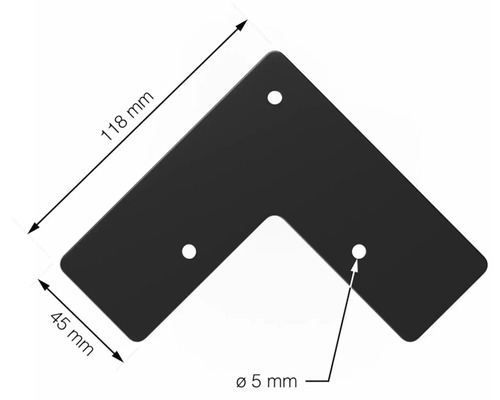 Rohový spojník o rozměrech 118 mm x 45 mm a otvory o průměru 5 mm