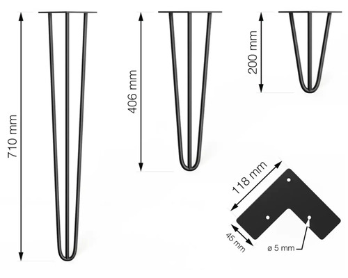 Obrázek tří ocelových nohou stolu různých velikostí s detailem montážní desky