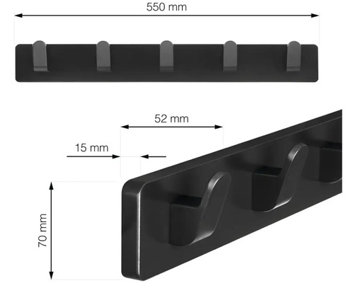 Věšáková lišta s pěti háčky a rozměry