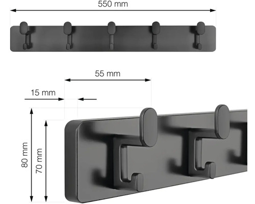 Nástěnný věšák s pěti háčky a rozměry