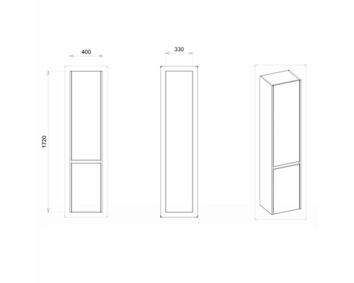 Technický nákres vysoké koupelnové skříňky o rozměrech 1720 x 400 x 330 milimetrů.