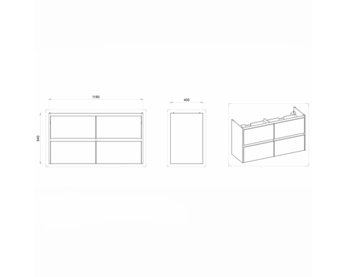 Technický nákres skříňky pod umyvadlo o rozměrech 1180 x 640 x 405 mm.