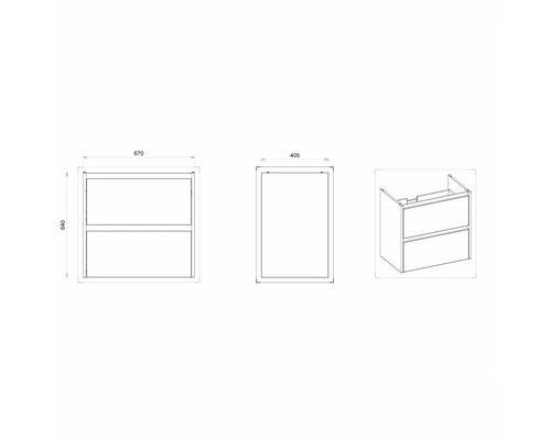 Technický nákres skříňky pod umyvadlo se zásuvkami a rozměry.