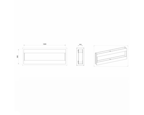 Technický výkres koupelnové police o rozměrech 1200 x 355 x 110 milimetrů.