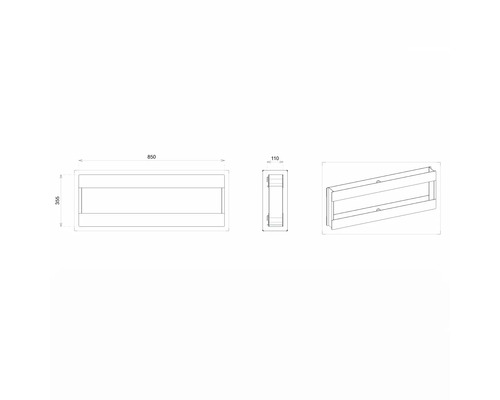 Technický výkres nástěnné police s rozměry.