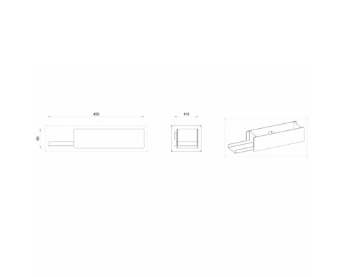 Technický nákres zásuvkového prvku o rozměrech 450 x 110 x 90 mm.