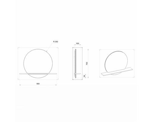 Technický nákres kulatého zrcadla s poličkou, rozměry: 900 x 700 x 150 mm.