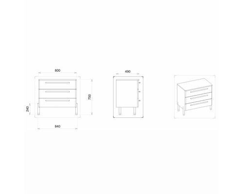 Technický výkres komody se třemi zásuvkami a rozměry