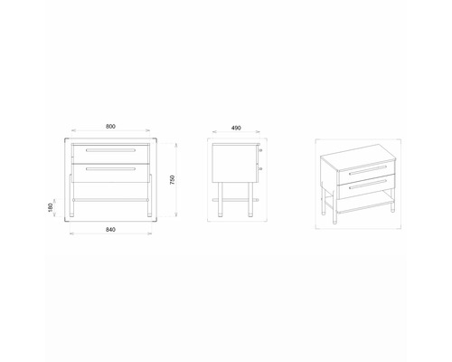 Nákres skříňky pod umyvadlo s rozměry