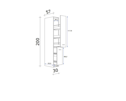 Technický nákres kuchyňské skříňky s rozměry