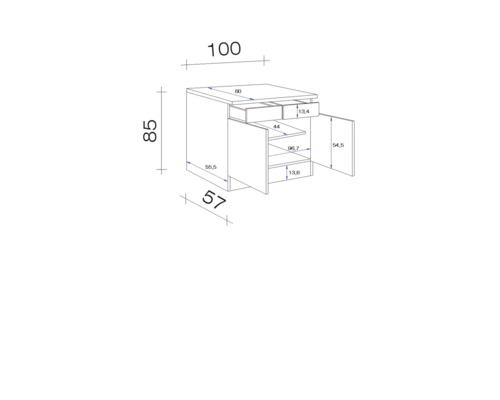 Technický výkres spodní skříňky se zásuvkami a dvířky včetně rozměrů