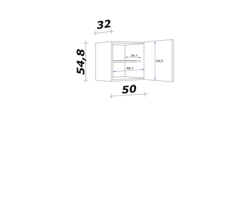 Technický výkres závěsné skříňky s rozměry