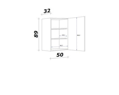 Technický nákres závěsné skříňky s rozměry