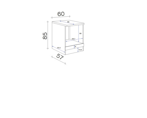 Technický nákres skříně s rozměry
