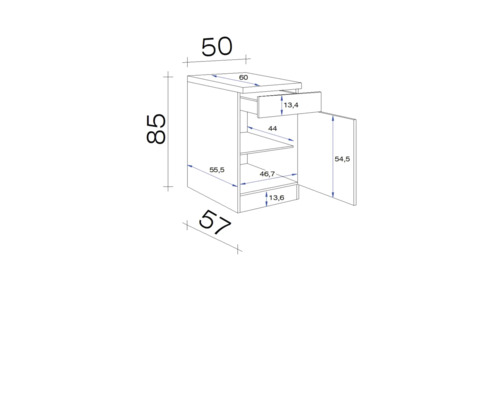 Technický nákres spodní skříňky se zásuvkou, dvířky a rozměry