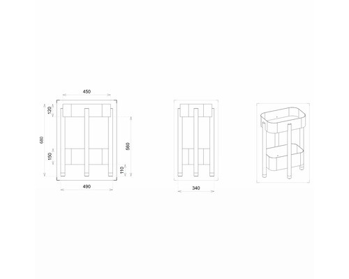 Technický výkres koupelnového vozíku s rozměry