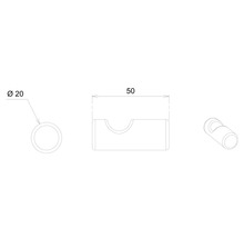 Technický nákres nástěnného držáku o rozměrech průměr 20 mm a délka 50 mm