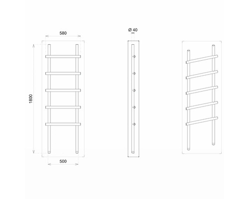 Technický nákres ohřívače ručníků s rozměry