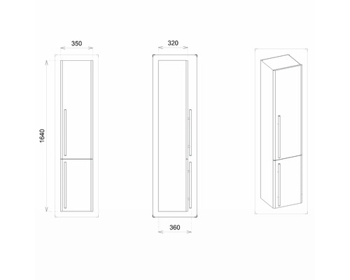 Technický nákres vysoké skříně o rozměrech výška 1640 mm, šířka 350 mm a hloubka 360 mm.