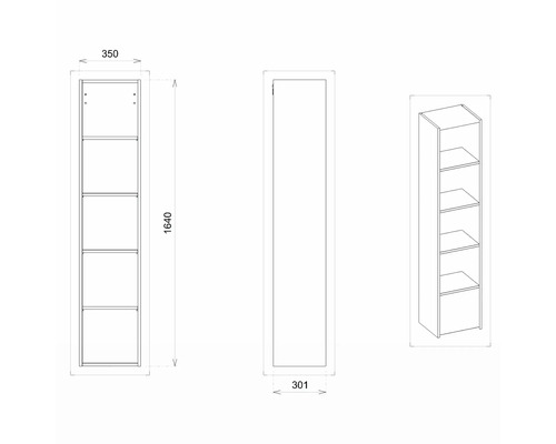 Technický nákres regálu s pěti přihrádkami o rozměrech 350 x 301 x 1640 milimetrů